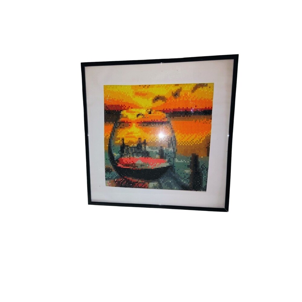 Framed Completed Diamond Art Picture Sunset In Wine Glass 12"L X 12"W 57